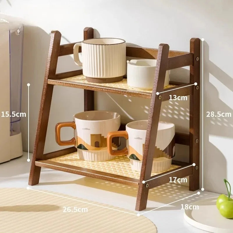 Retro Bamboo 2 Layer Storage Rack Countertop Organizer Stable Kitchen Shelf for Home Hotel Apartment Dressing Table