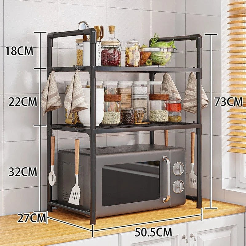 Multi-Purpose Kitchen Storage Rack - Thickened Adjustable Shelf for Microwave, Oven, Countertop Organizer with Tool Hooks