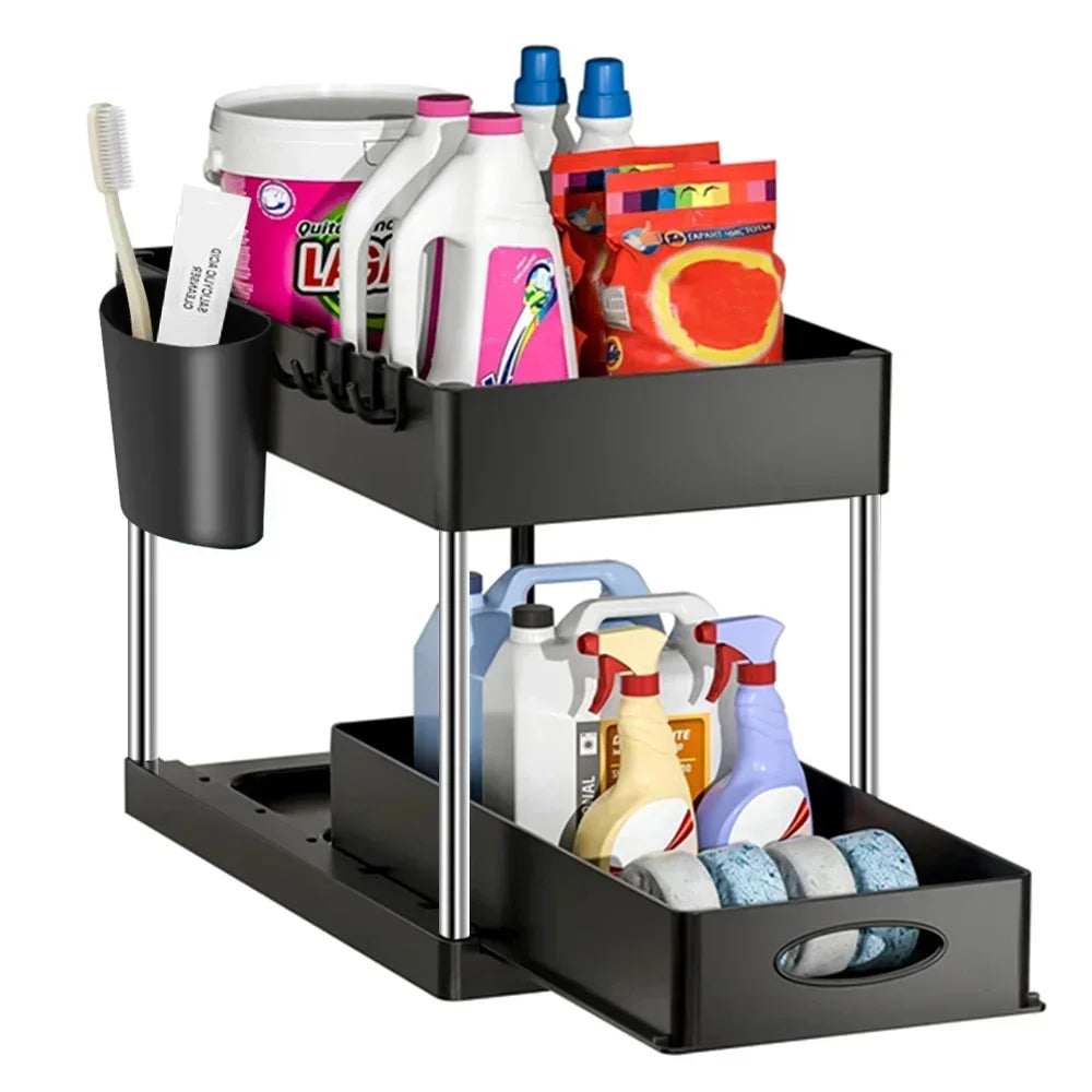 1Pc 2 Tier Under Sink Organizer Sliding Cabinet Basket Organizer Storage Rack with Hooks Hanging Cup Bathroom Kitchen Organizer
