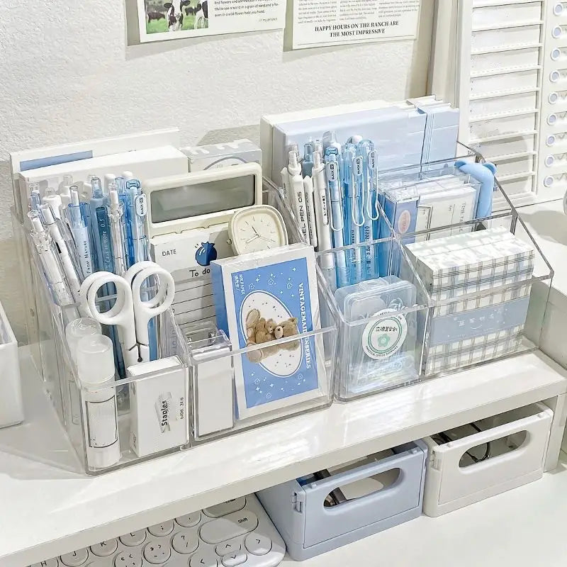 Multi-Grid Transparent Desk Organizer – 5-Compartment Pen & Stationery Holder