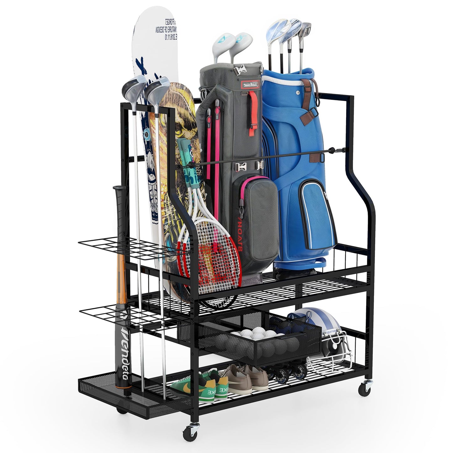 Golf Bag Organizer for Garage – 3-Bag Storage Stand with Wheels