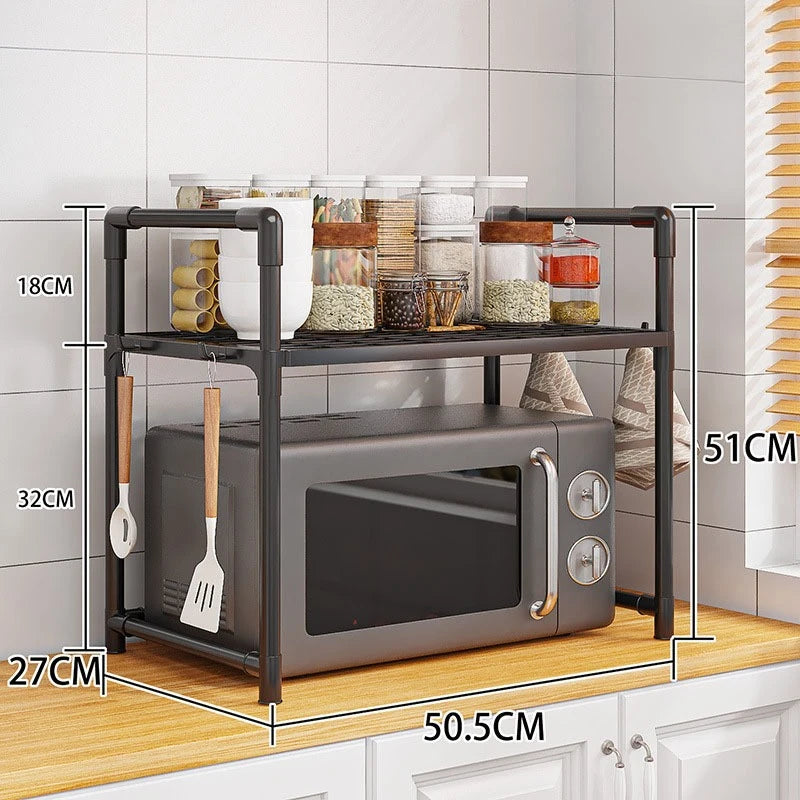 Multi-Purpose Kitchen Storage Rack - Thickened Adjustable Shelf for Microwave, Oven, Countertop Organizer with Tool Hooks