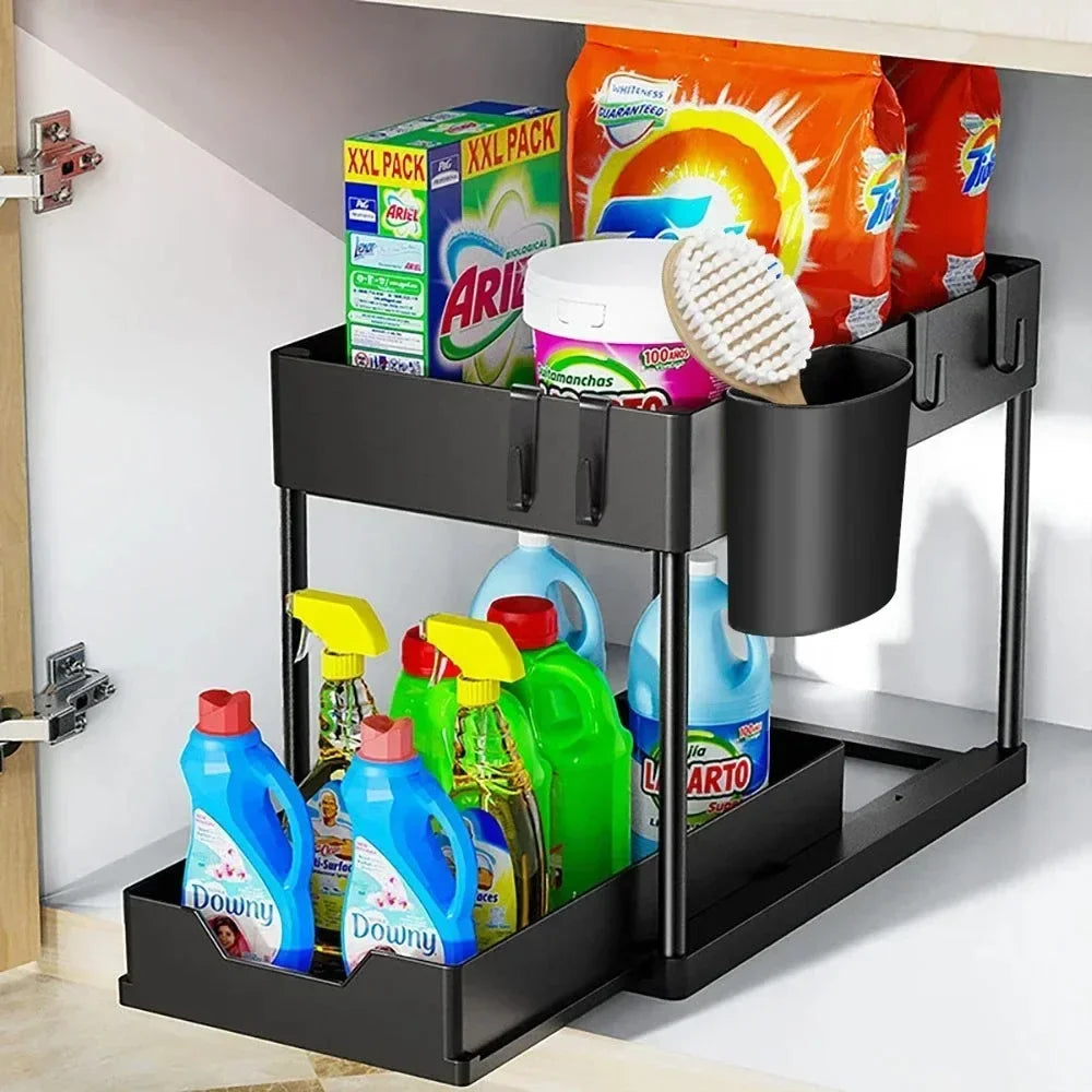 1Pc 2 Tier Under Sink Organizer Sliding Cabinet Basket Organizer Storage Rack with Hooks Hanging Cup Bathroom Kitchen Organizer
