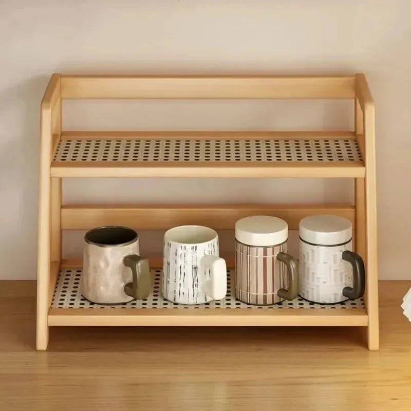 Retro Bamboo 2 Layer Storage Rack Countertop Organizer Stable Kitchen Shelf for Home Hotel Apartment Dressing Table