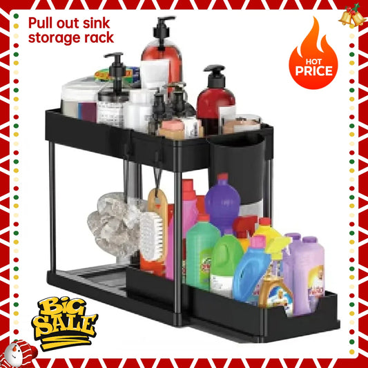 1Pc 2 Tier Under Sink Organizer Sliding Cabinet Basket Organizer Storage Rack with Hooks Hanging Cup Bathroom Kitchen Organizer