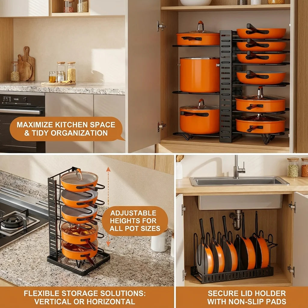 8-Tier Metal Pot Rack Organizer – Durable Holder for Pots, Pans & Lids