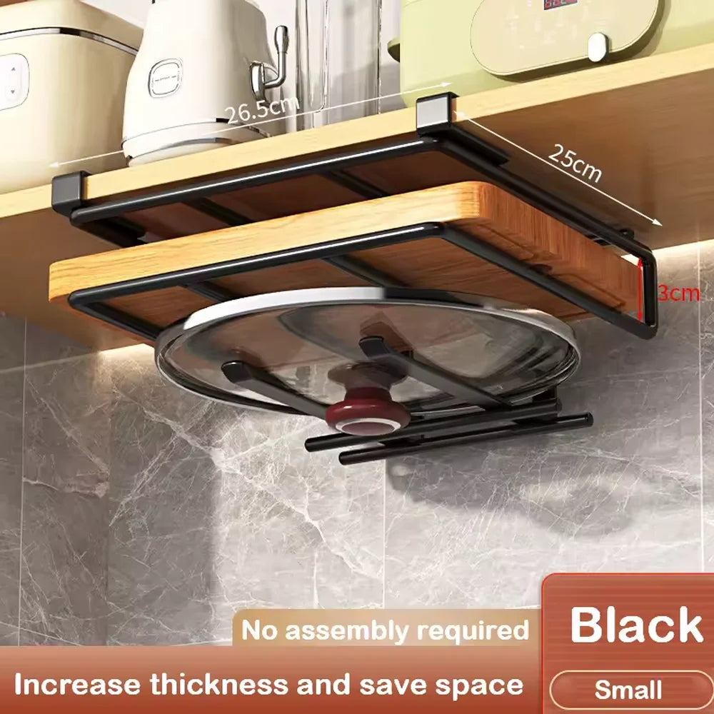 Under-Cabinet Hanging Organizer Rack – Hooks for Towels, Cutting Boards & Pot Lids