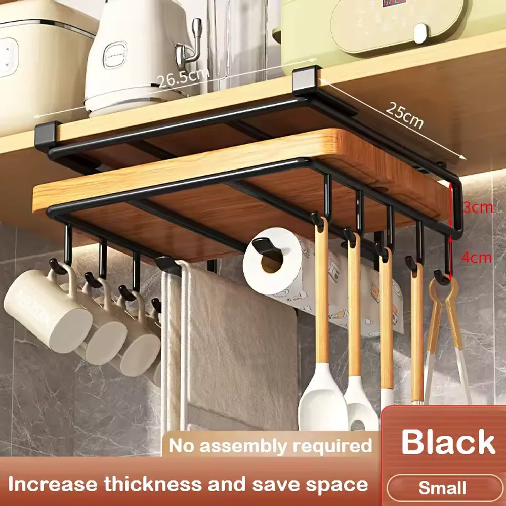 Under-Cabinet Hanging Organizer Rack – Hooks for Towels, Cutting Boards & Pot Lids