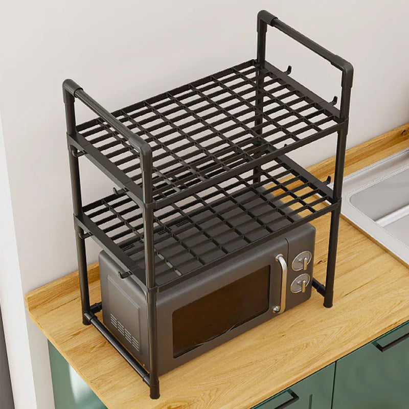 Multi-Purpose Kitchen Storage Rack - Thickened Adjustable Shelf for Microwave, Oven, Countertop Organizer with Tool Hooks