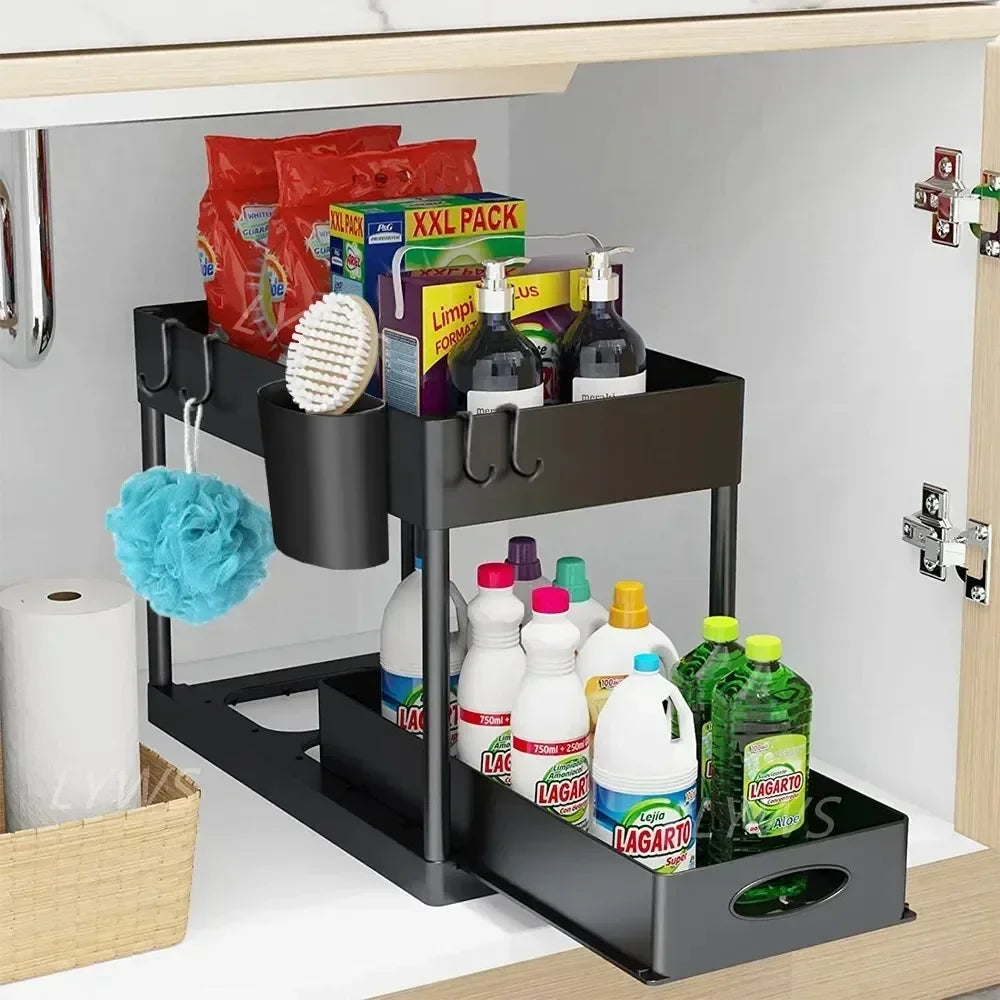 1Pc 2 Tier Under Sink Organizer Sliding Cabinet Basket Organizer Storage Rack with Hooks Hanging Cup Bathroom Kitchen Organizer