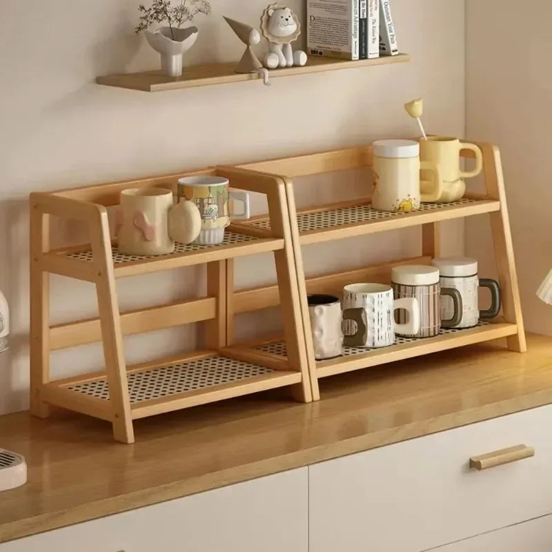 Retro Bamboo 2 Layer Storage Rack Countertop Organizer Stable Kitchen Shelf for Home Hotel Apartment Dressing Table