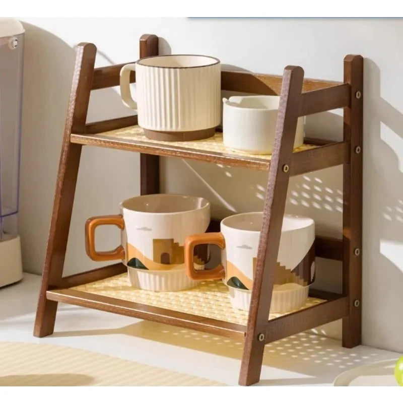 Retro Bamboo 2 Layer Storage Rack Countertop Organizer Stable Kitchen Shelf for Home Hotel Apartment Dressing Table