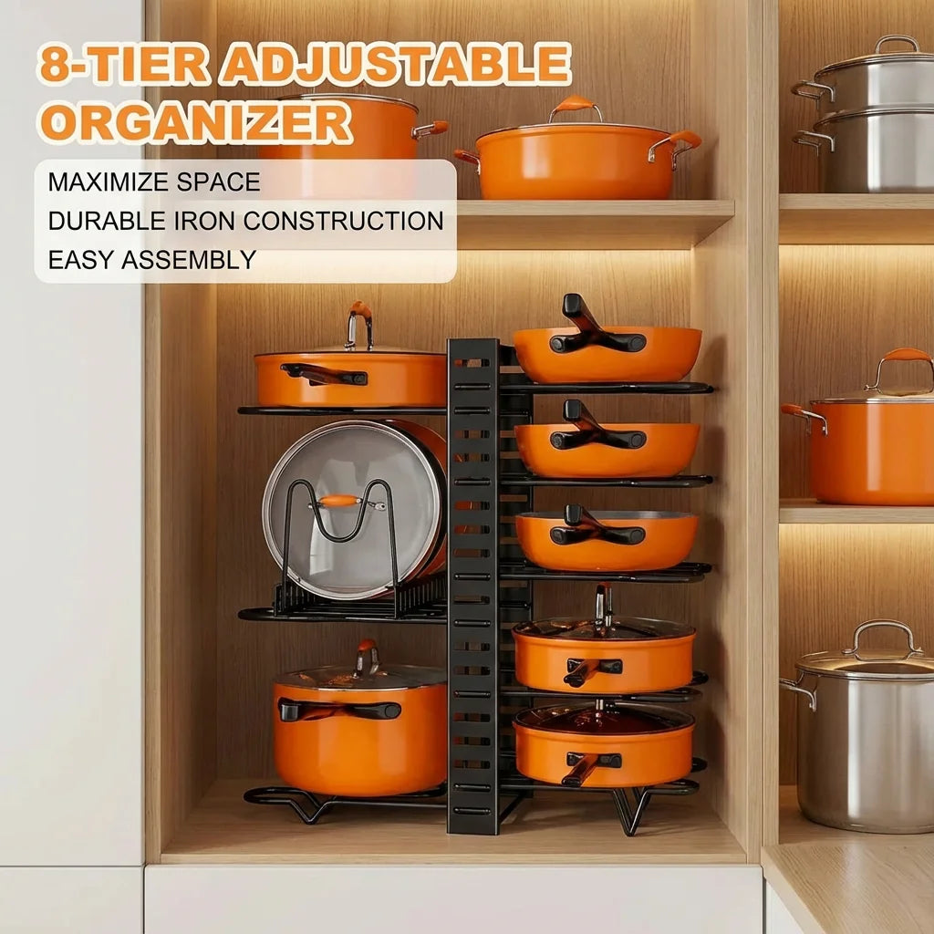 8-Tier Metal Pot Rack Organizer – Durable Holder for Pots, Pans & Lids