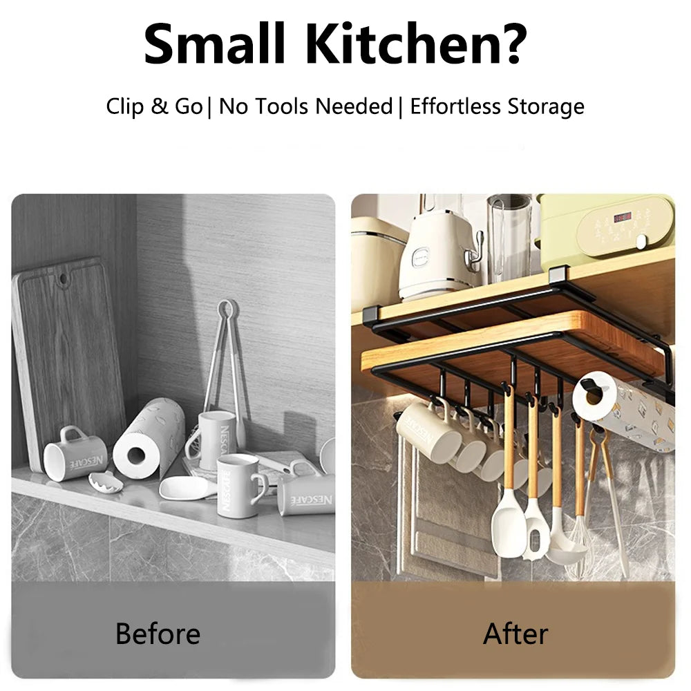 Under-Cabinet Hanging Organizer Rack – Hooks for Towels, Cutting Boards & Pot Lids