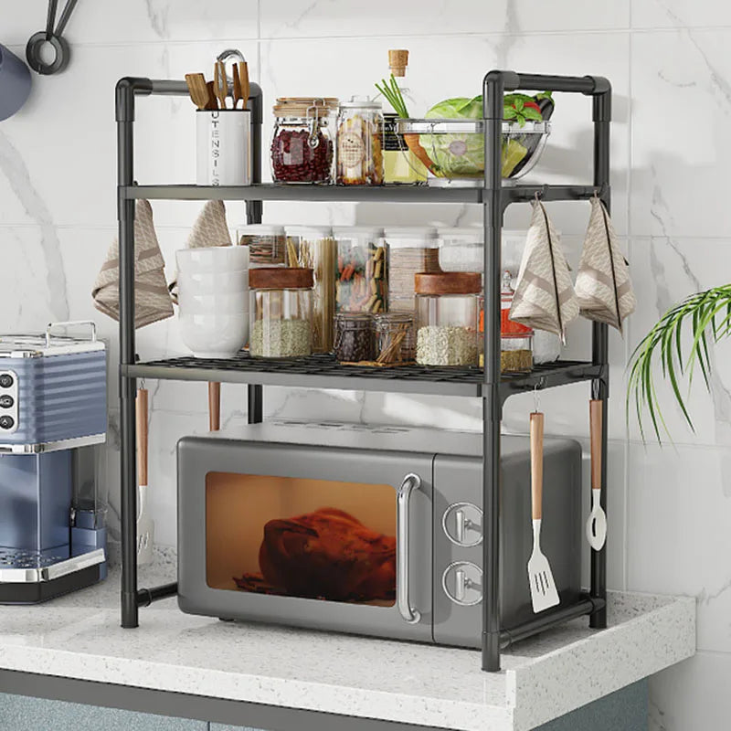 Multi-Purpose Kitchen Storage Rack - Thickened Adjustable Shelf for Microwave, Oven, Countertop Organizer with Tool Hooks