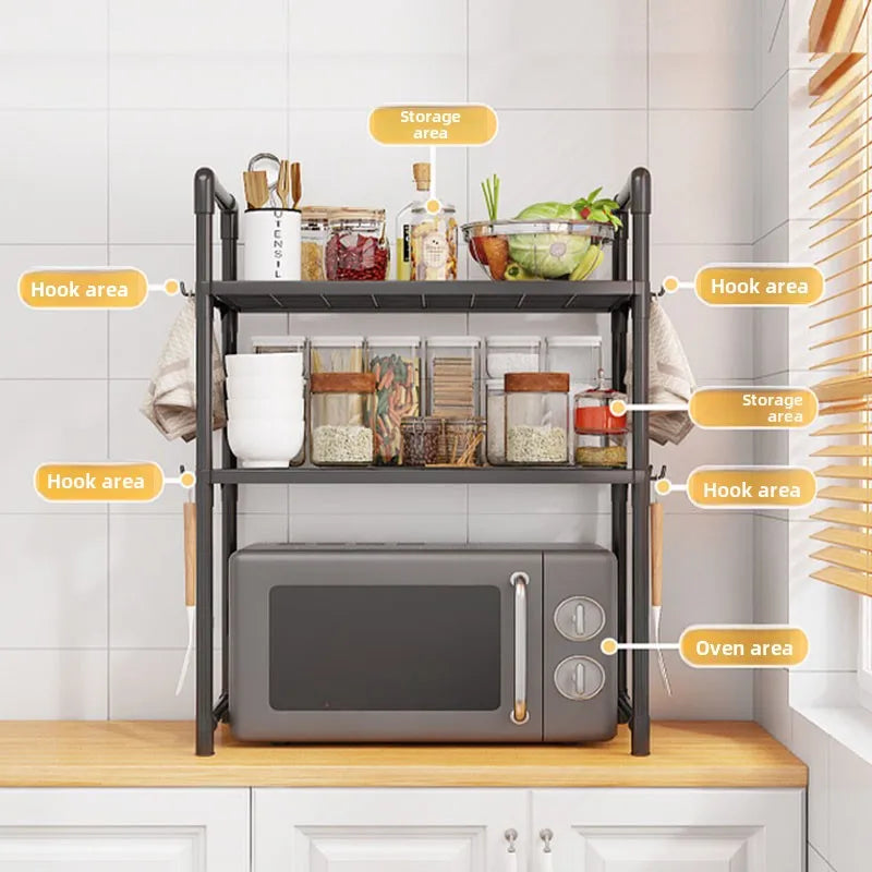 Multi-Purpose Kitchen Storage Rack - Thickened Adjustable Shelf for Microwave, Oven, Countertop Organizer with Tool Hooks