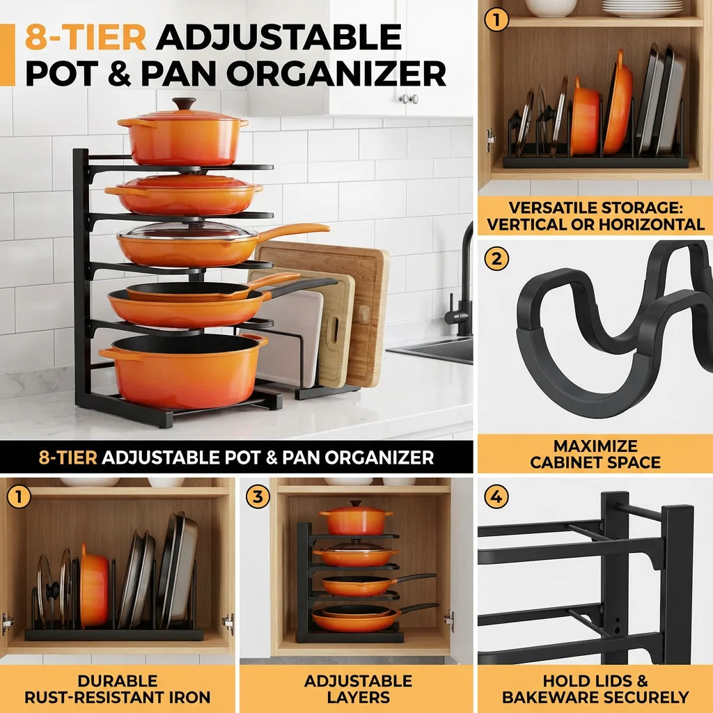 8-Tier Metal Pot Rack Organizer – Durable Holder for Pots, Pans & Lids