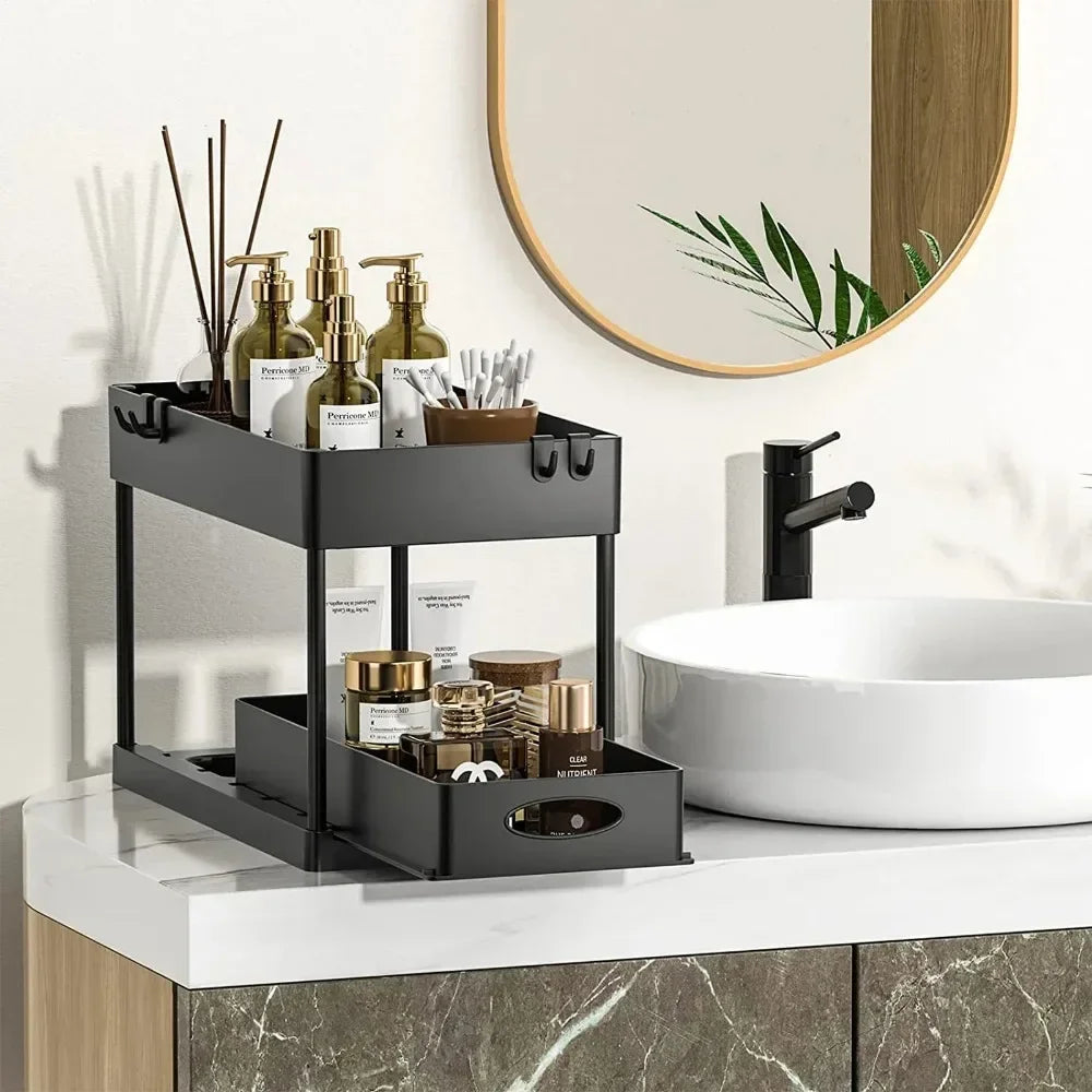 1Pc 2 Tier Under Sink Organizer Sliding Cabinet Basket Organizer Storage Rack with Hooks Hanging Cup Bathroom Kitchen Organizer