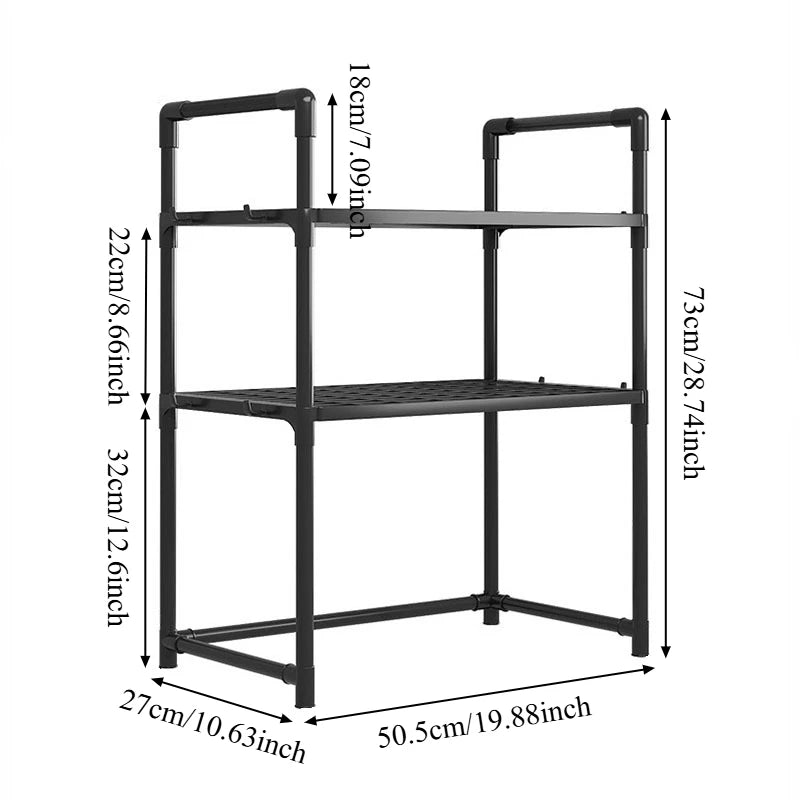 Multi-Purpose Kitchen Storage Rack - Thickened Adjustable Shelf for Microwave, Oven, Countertop Organizer with Tool Hooks