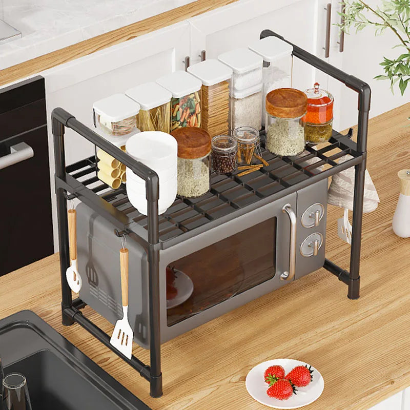 Multi-Purpose Kitchen Storage Rack - Thickened Adjustable Shelf for Microwave, Oven, Countertop Organizer with Tool Hooks