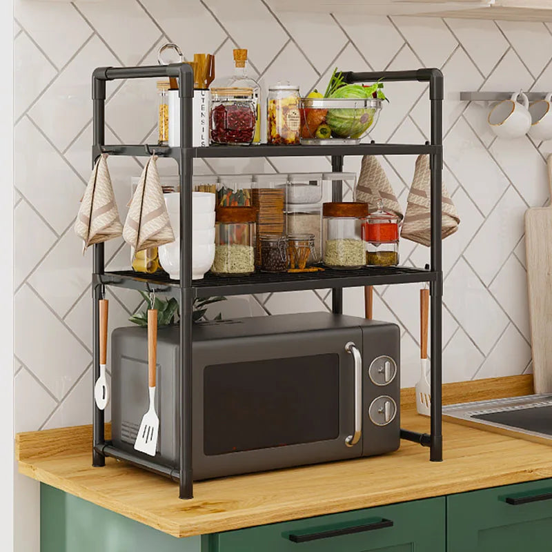 Multi-Purpose Kitchen Storage Rack - Thickened Adjustable Shelf for Microwave, Oven, Countertop Organizer with Tool Hooks