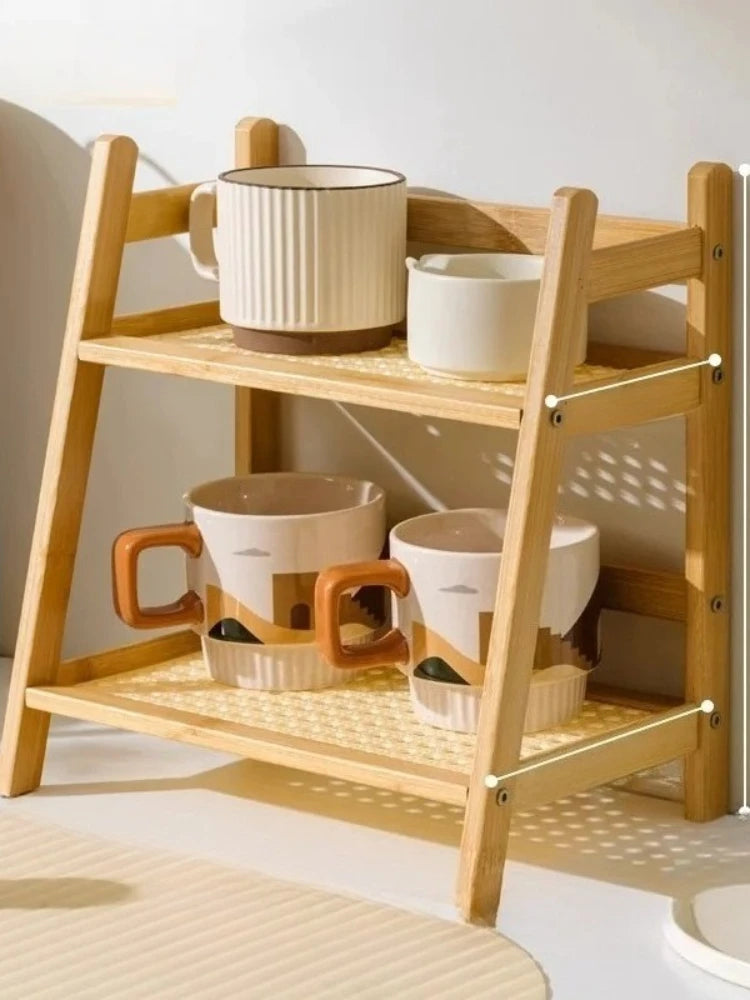 Retro Bamboo 2 Layer Storage Rack Countertop Organizer Stable Kitchen Shelf for Home Hotel Apartment Dressing Table