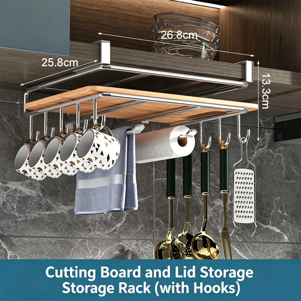 Under-Cabinet Hanging Organizer Rack – Hooks for Towels, Cutting Boards & Pot Lids