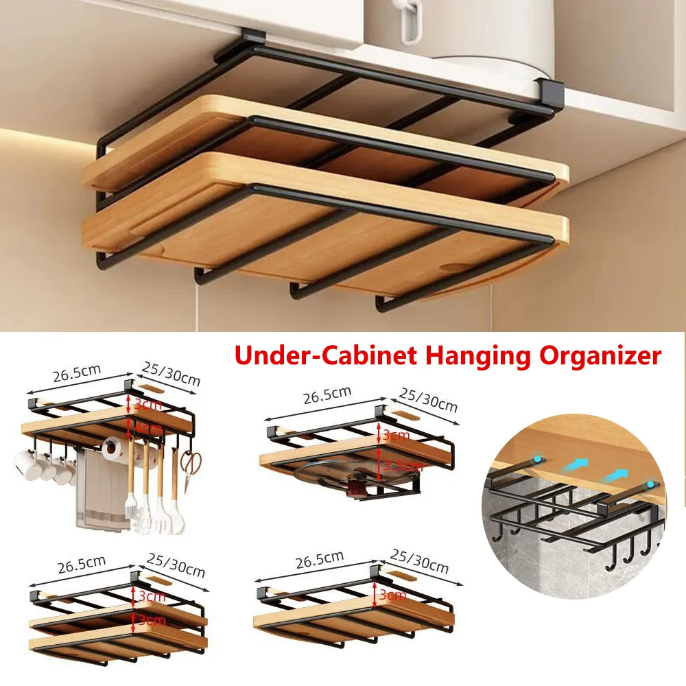 Under-Cabinet Hanging Organizer Rack – Hooks for Towels, Cutting Boards & Pot Lids