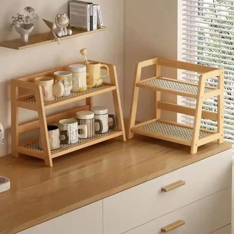 Retro Bamboo 2 Layer Storage Rack Countertop Organizer Stable Kitchen Shelf for Home Hotel Apartment Dressing Table