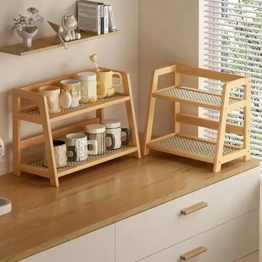 Retro Bamboo 2 Layer Storage Rack Countertop Organizer Stable Kitchen Shelf for Home Hotel Apartment Dressing Table