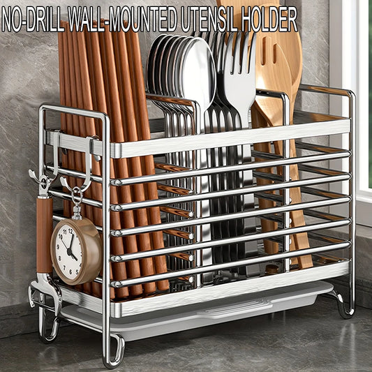 No-Drill Wall-Mounted Utensil Holder Stainless Steel Space-Saving Organizer For Kitchen Cutlery Ideal For Small Spaces