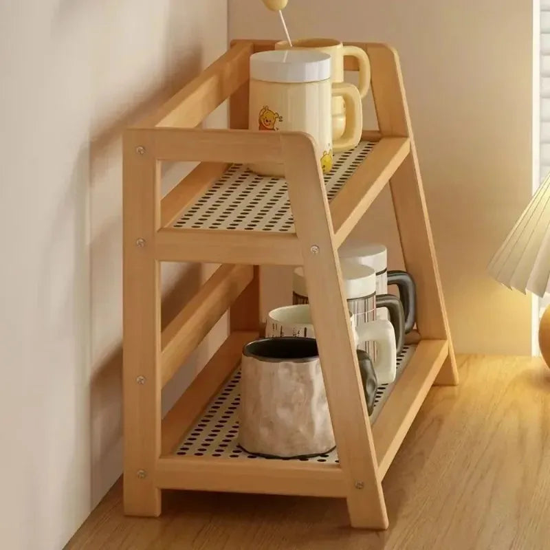Retro Bamboo 2 Layer Storage Rack Countertop Organizer Stable Kitchen Shelf for Home Hotel Apartment Dressing Table