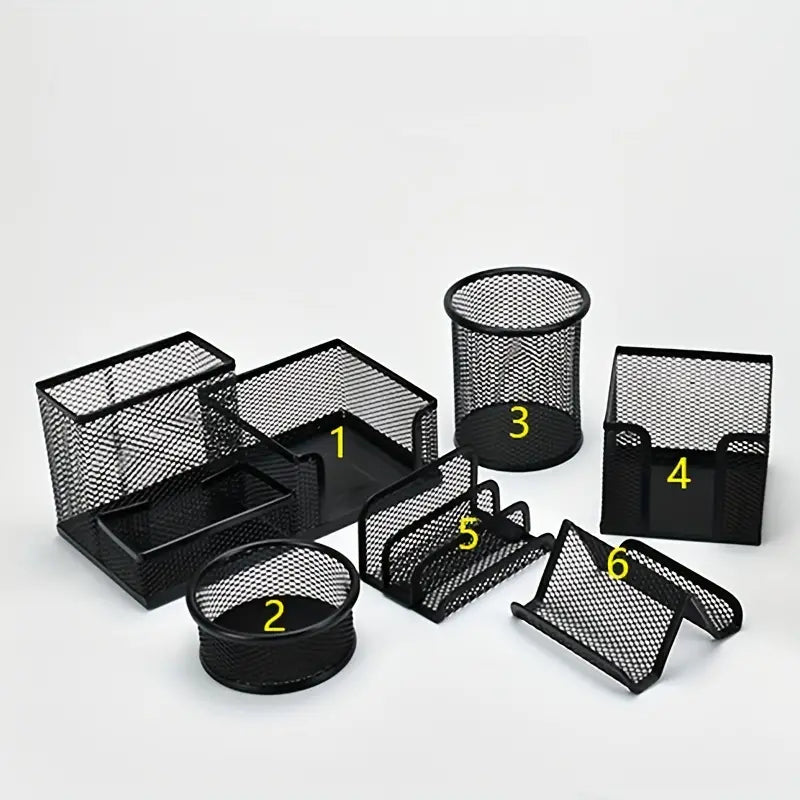 6-Piece Metal Pen Holder Set – Iron Mesh Desk Organizer (Black, Silver, Rose Gold)
